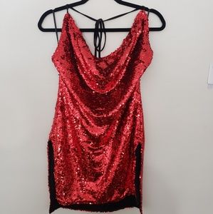 Red sequin halter dress